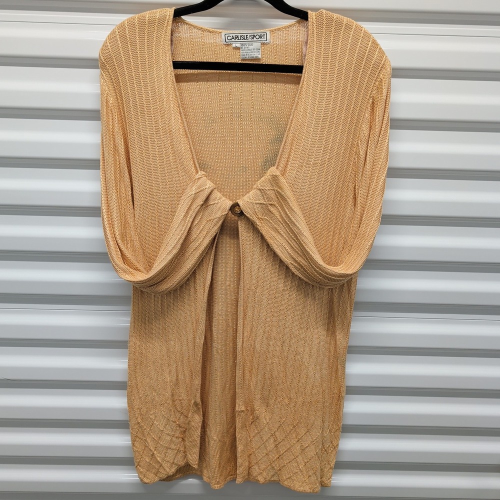 Carlisle Sport Cardigan Size L Women Orange 100% Silk Ribbed Knit V-Neck Vintage